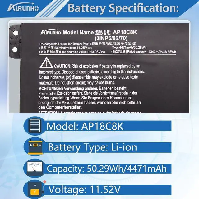 Alt view image 2 of 5 - AURUNHO AP18C8K Laptop Battery Replacement for Acer Aspire 5 A514-54 A514-54G A514-52 A514-52K A515-56 A515-56G A515-56S A515-56T Swift 3 SF314-42 SF314-57 SF314-58 SF314-58G SF314-59 TravelMate P215