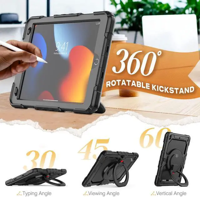 Alt view image 2 of 5 - SEYMAC stock Shockproof Tablet Case for iPad 9th/8th/7th Generation 10.2 inch, Full-Body Drop Protection Case with Pencil Holder & [360 Ring Handle Stand] Screen Protector (Black)