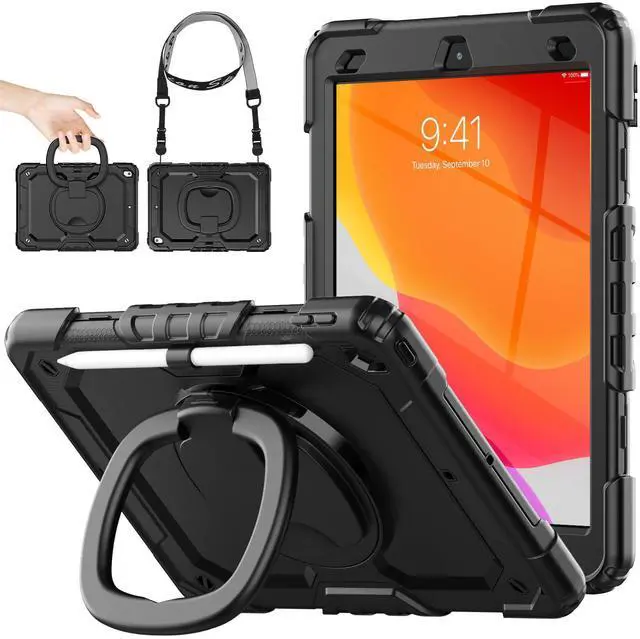 Main image of SEYMAC stock Shockproof Tablet Case for iPad 9th/8th/7th Generation 10.2 inch, Full-Body Drop Protection Case with Pencil Holder & [360 Ring Handle Stand] Screen Protector (Black)