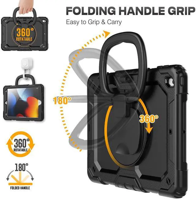 Alt view image 3 of 5 - SEYMAC stock Shockproof Tablet Case for iPad 9th/8th/7th Generation 10.2 inch, Full-Body Drop Protection Case with Pencil Holder & [360 Ring Handle Stand] Screen Protector (Black)