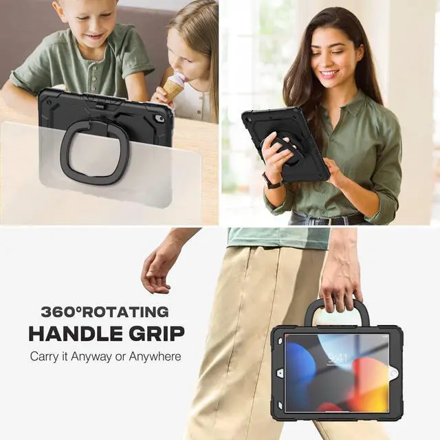 Alt view image 4 of 5 - SEYMAC stock Shockproof Tablet Case for iPad 9th/8th/7th Generation 10.2 inch, Full-Body Drop Protection Case with Pencil Holder & [360 Ring Handle Stand] Screen Protector (Black)