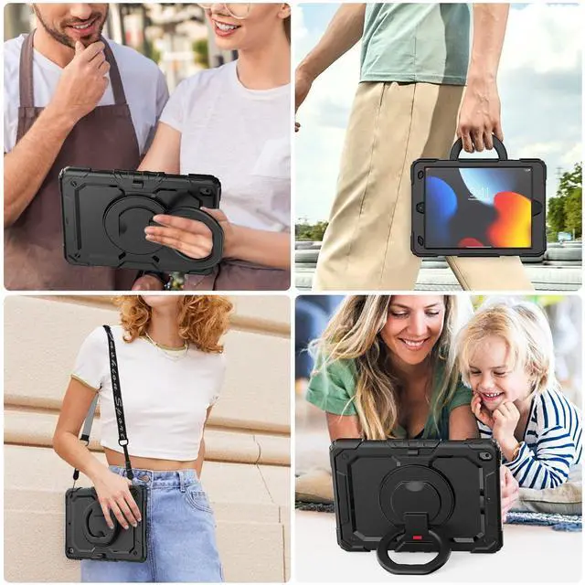 Alt view image 5 of 5 - SEYMAC stock Shockproof Tablet Case for iPad 9th/8th/7th Generation 10.2 inch, Full-Body Drop Protection Case with Pencil Holder & [360 Ring Handle Stand] Screen Protector (Black)