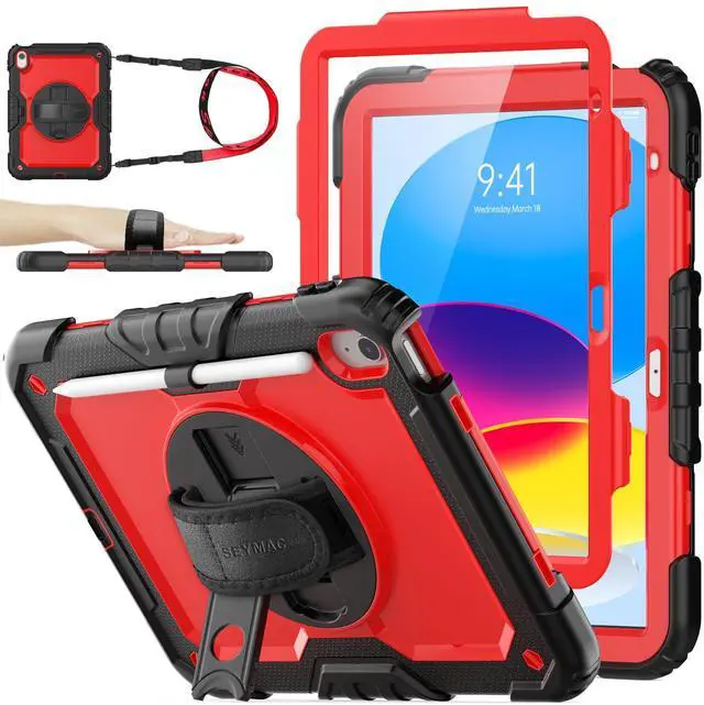 Main image of SEYMAC stock Case for iPad (A16) 11th/10th Generation 11''/10.9'' 2025/2022, Full-Body Drop Protection Case with Screen Protector &360° Rotate Hand Strap/Stand, Red+SiliconeBlack