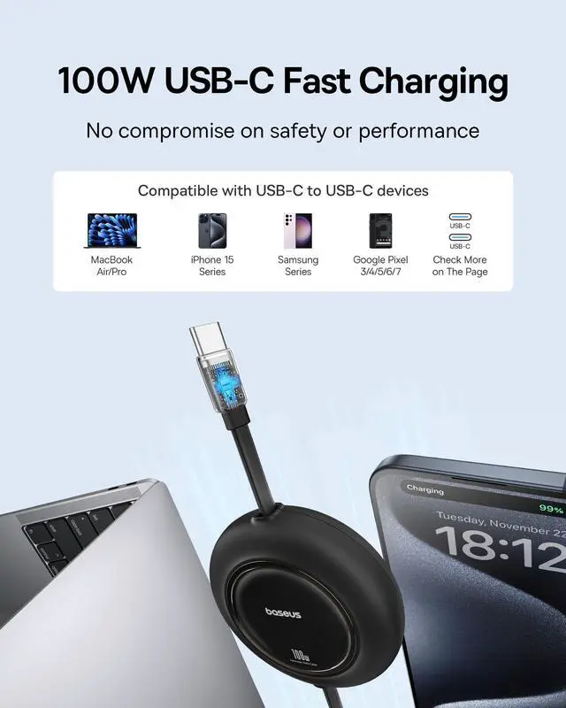 Alt view image 2 of 5 - Baseus USB C Cable, 100W 2-Pack 6.6ft Retractable USBC to USBC Fast Charging Cable, 7-Stage Length Preset Retractable Type C Cord for iPhone 16 15 Pro Plus Pro Max, MacBook, iPad Pro, Samsung S24/S23