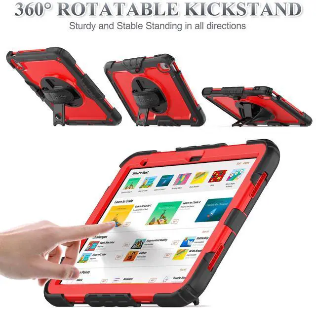 Alt view image 3 of 5 - SEYMAC stock Case for iPad (A16) 11th/10th Generation 11''/10.9'' 2025/2022, Full-Body Drop Protection Case with Screen Protector &360° Rotate Hand Strap/Stand, Red+SiliconeBlack