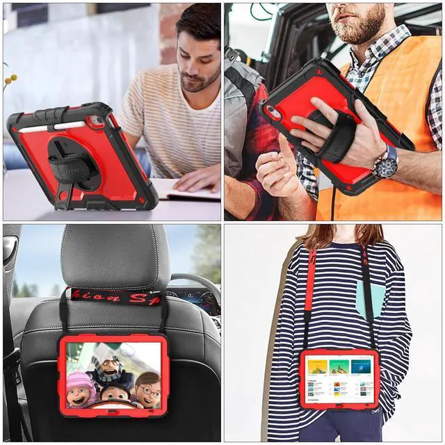 Alt view image 4 of 5 - SEYMAC stock Case for iPad (A16) 11th/10th Generation 11''/10.9'' 2025/2022, Full-Body Drop Protection Case with Screen Protector &360° Rotate Hand Strap/Stand, Red+SiliconeBlack