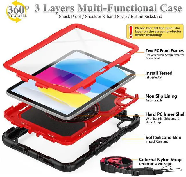 Alt view image 5 of 5 - SEYMAC stock Case for iPad (A16) 11th/10th Generation 11''/10.9'' 2025/2022, Full-Body Drop Protection Case with Screen Protector &360° Rotate Hand Strap/Stand, Red+SiliconeBlack