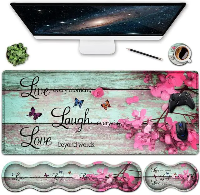 Main image of Ergonomics Keyboard Mouse Pad Set, Memory Foam Keyboard Wrist Rest Support,XXL Extended Big Wireless Gaming Mouse Mat 31.5x11.8 in Desk Pad, Red Flowers On Wooden Board Large Mouse Pad