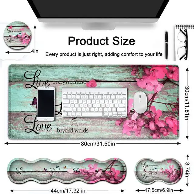 Alt view image 5 of 5 - Ergonomics Keyboard Mouse Pad Set, Memory Foam Keyboard Wrist Rest Support,XXL Extended Big Wireless Gaming Mouse Mat 31.5x11.8 in Desk Pad, Red Flowers On Wooden Board Large Mouse Pad