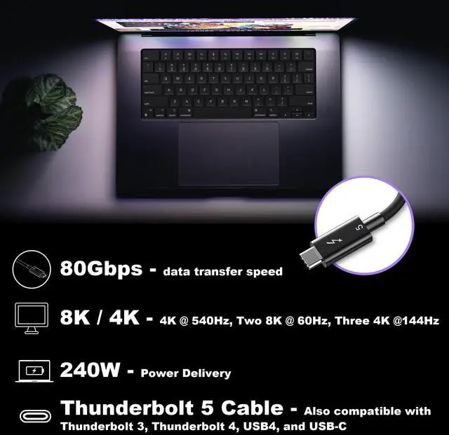 Alt view image 2 of 5 - Sonnet Thunderbolt 5 Cable 3.3ft / 1m - Intel Certified, 80Gbps, 240W Charging, 8K Video, Compatible with Thunderbolt 3, Thunderbolt 4, USB4 and USB-C Devices