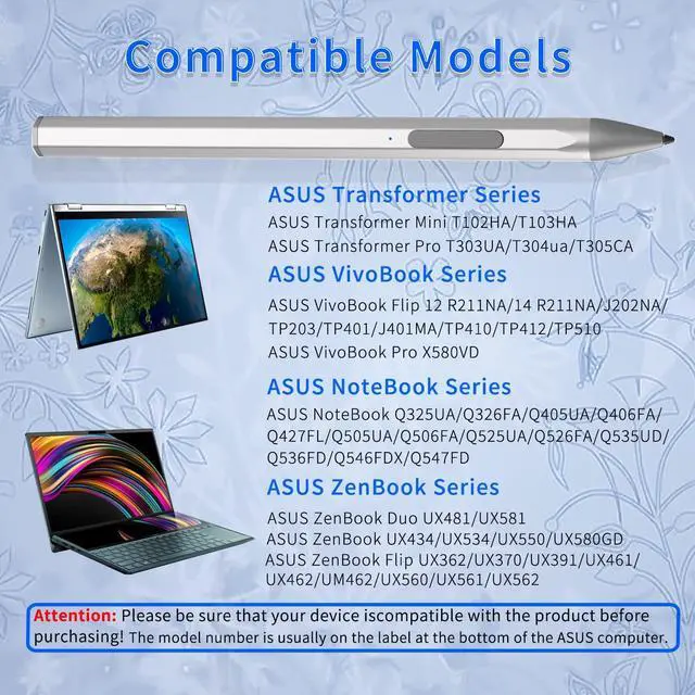 Alt view image 2 of 5 - Stylus Pen for ASUS Transformer/Mini/ASUS Zenbook Flip/Pro/ASUS Vivobook Flip/Pro/Duo/ASUS Notebook, Rechargeable MPP 2.0 Tilt Active Pen with 4096 Pressure Sensitivity, Palm Rejection,Silver