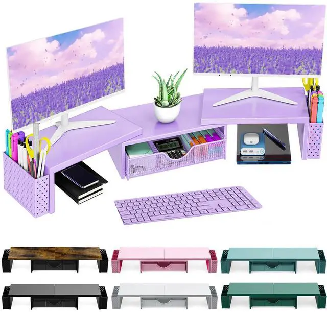 Main image of Spacrea Metal Desk Organizers and Accessories, Dual Monitor Stand Riser with Drawer and 2 Pen Holders, Desk Accessories & Workspace Desktop Organizers for Office Supplies (Purple)