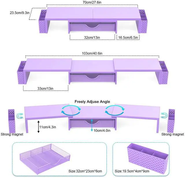 Alt view image 3 of 5 - Spacrea Metal Desk Organizers and Accessories, Dual Monitor Stand Riser with Drawer and 2 Pen Holders, Desk Accessories & Workspace Desktop Organizers for Office Supplies (Purple)