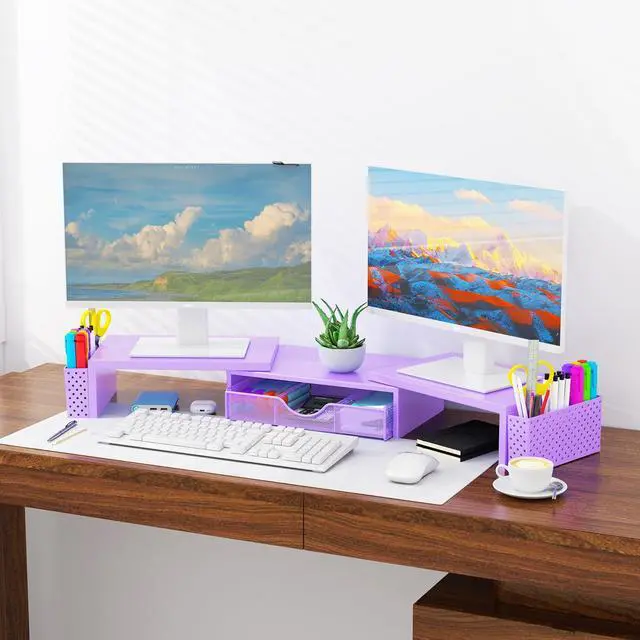 Alt view image 2 of 5 - Spacrea Metal Desk Organizers and Accessories, Dual Monitor Stand Riser with Drawer and 2 Pen Holders, Desk Accessories & Workspace Desktop Organizers for Office Supplies (Purple)