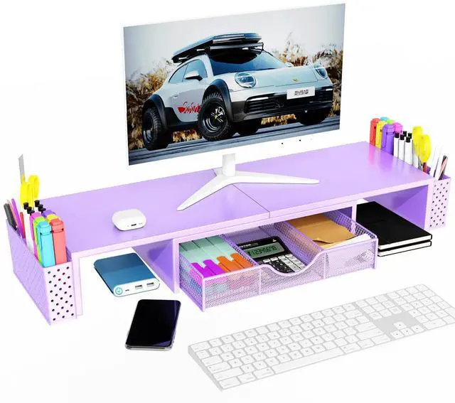 Alt view image 4 of 5 - Spacrea Metal Desk Organizers and Accessories, Dual Monitor Stand Riser with Drawer and 2 Pen Holders, Desk Accessories & Workspace Desktop Organizers for Office Supplies (Purple)
