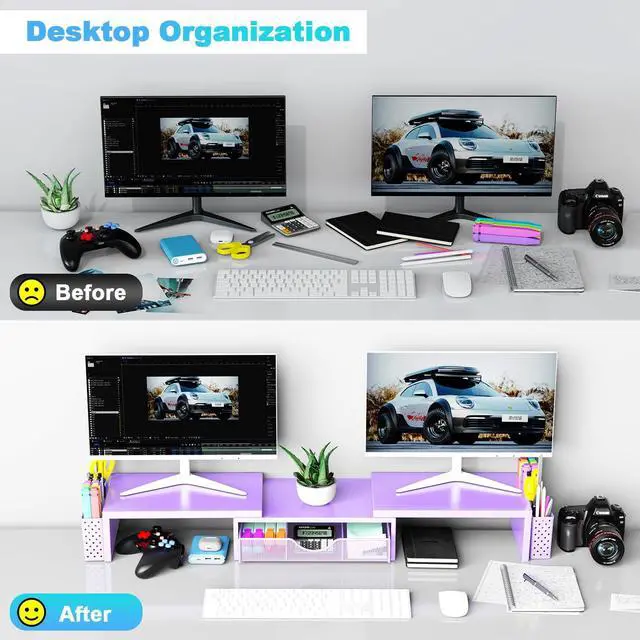 Alt view image 5 of 5 - Spacrea Metal Desk Organizers and Accessories, Dual Monitor Stand Riser with Drawer and 2 Pen Holders, Desk Accessories & Workspace Desktop Organizers for Office Supplies (Purple)