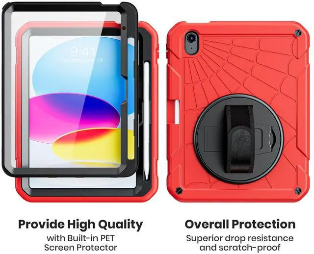 Alt view image 3 of 5 - Stweap Case for iPad (A16) 11th Generation 11-inch 2025, iPad 10th Generation 10.9-inch 2022, with Built-in Screen Protector &360° Rotate Hand Strap/Stand,Red