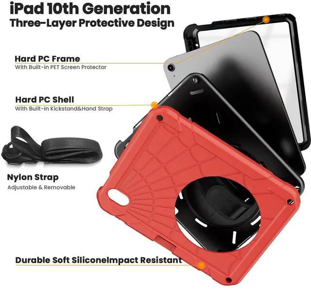 Alt view image 5 of 5 - Stweap Case for iPad (A16) 11th Generation 11-inch 2025, iPad 10th Generation 10.9-inch 2022, with Built-in Screen Protector &360° Rotate Hand Strap/Stand,Red