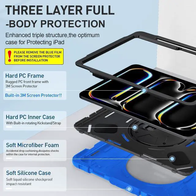Alt view image 2 of 5 - SUPFIVES 2024 iPad Pro 11 Inch Case M4 (5th Generation), with Screen Protector/Shoulder Strap/Pencil Holder/Handle/Rotating Stand, Blue