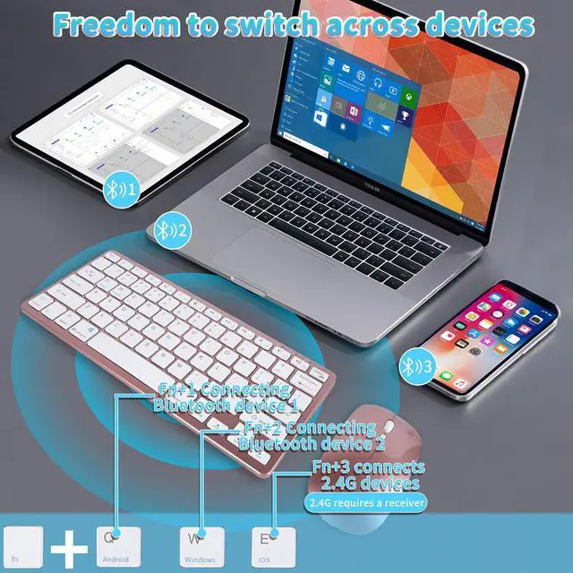 Alt view image 5 of 5 - Wireless Bluetooth Keyboard and Mouse Combo  Rechargeable, Quiet Operation, 3-Device Switching  Perfect for Home Office, Gaming, and Travel,Compatible with Windows, Mac, Android (Rose Gold)