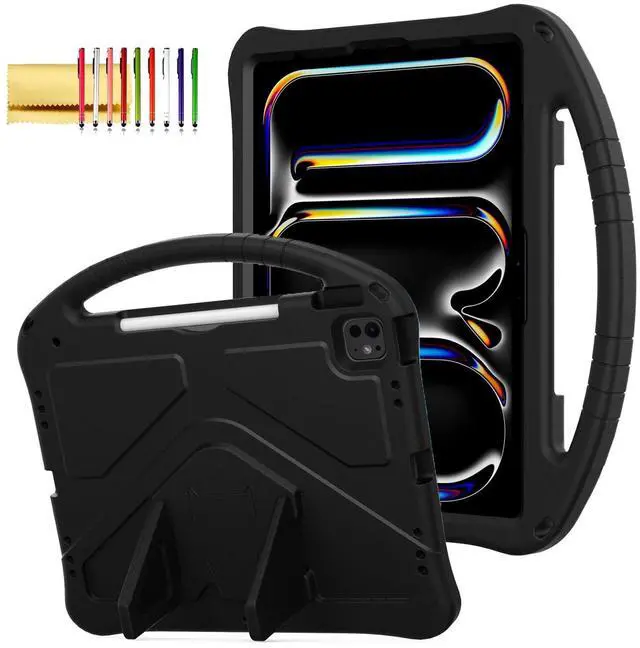 Main image of Kids Case for iPad Pro 13" 2024/Air 13" M3 M2, iPad Pro 12.9 2018-2022 Cover with Pencil Holder, Techcircle Lightweight Shockproof EVA Foam Handle Stand Anti-Slip Grip Rugged Case, Black