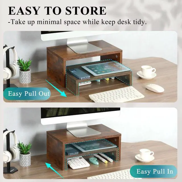 Alt view image 3 of 5 - TEAMIX 2 Pack Monitor Stand Riser Rustic Brown,Wood 2 Tier Adjustable Monitor Stand Dual Monitor Riser for 2 Monitors/Laptop/PC Computer Stand Desktop Space Saver