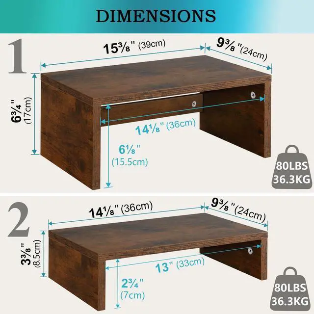 Alt view image 4 of 5 - TEAMIX 2 Pack Monitor Stand Riser Rustic Brown,Wood 2 Tier Adjustable Monitor Stand Dual Monitor Riser for 2 Monitors/Laptop/PC Computer Stand Desktop Space Saver