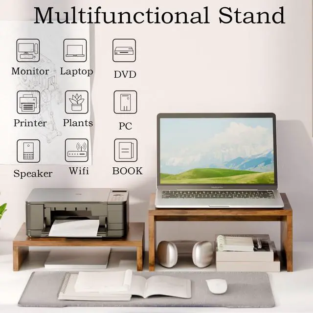 Alt view image 5 of 5 - TEAMIX 2 Pack Monitor Stand Riser Rustic Brown,Wood 2 Tier Adjustable Monitor Stand Dual Monitor Riser for 2 Monitors/Laptop/PC Computer Stand Desktop Space Saver