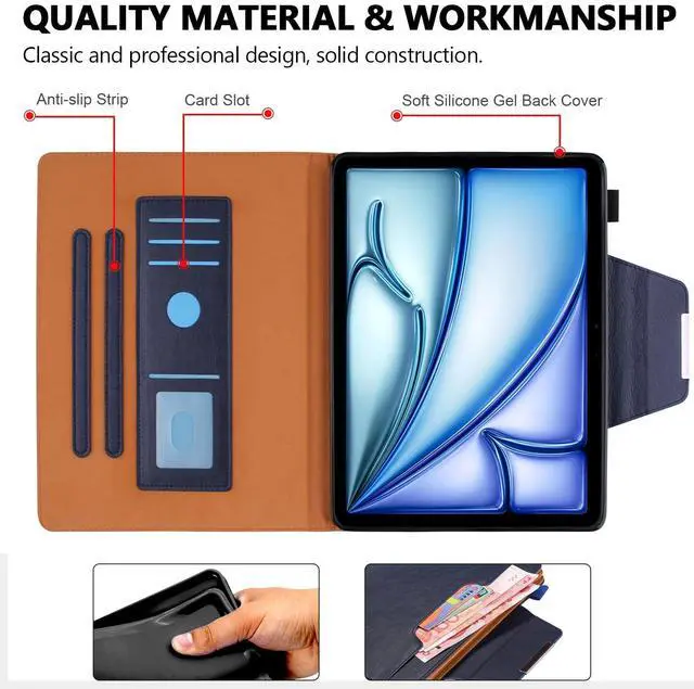 Alt view image 3 of 5 - Folio Case for iPad Air 11" M3 M2, Air 10.9", iPad Pro 11 2018-2022 - Techcircle PU Leather Stand Soft TPU Back Magnetic Smart Cover with Pencil Holder + Card Slots + Front Pocket, Navy