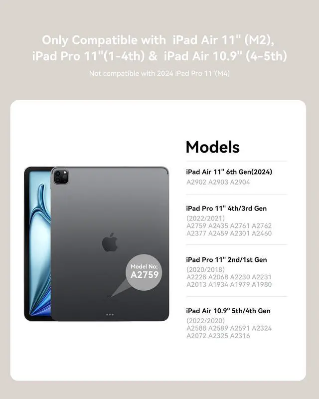 Alt view image 2 of 5 - Folio Magnetic Cover Compatible with iPad Air 11-inch Case M2/M3, Replacement for iPad Pro 11-inch Case(4th/3rd/2nd/1st) with Multi-Angle Stand, 10.9 inch Air 5th/4th Clear Cover with Pencil Holder