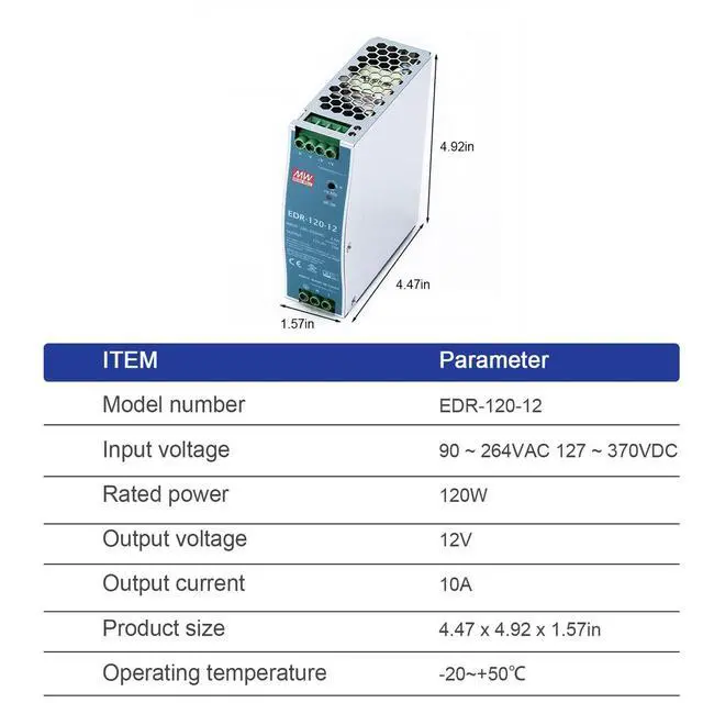 Alt view image 2 of 5 - TorqCali EDR-120-12 Industrial DIN Rail Power Supply 12V 10A High Efficiency for Industrial Automation UL/TUV Certified