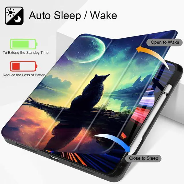 Alt view image 2 of 5 - Tuiklol Case for iPad Pro 13 inch Generation 7th 2024 Release M4 Chip - Built in Support Pencil 2 / USB-C, Slim Protective Stand Back Cover with Smart Trifold Stand Auto Wake/Sleep,Cat and Moon