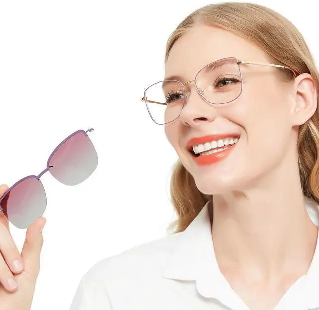 Main image of WEMOOTANTS Blue Light Blocking Glasses for Women with Polarized Sunglasses Clip for Driving, Metal Purple Glasses Switch to Shade