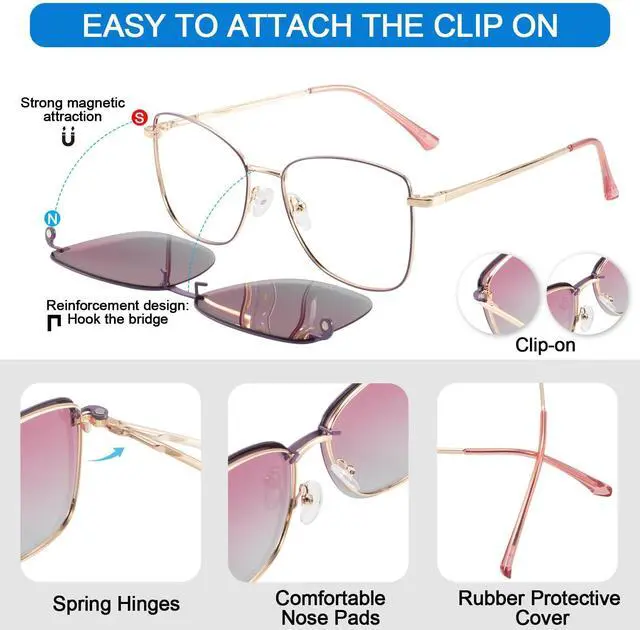 Alt view image 2 of 5 - WEMOOTANTS Blue Light Blocking Glasses for Women with Polarized Sunglasses Clip for Driving, Metal Purple Glasses Switch to Shade