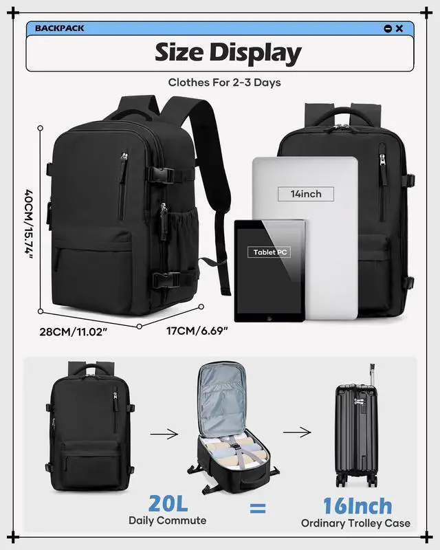 Alt view image 4 of 5 - winspansy Carry on Travel Backpack for Women Men Lightweight Business Gym Laptop Work Backpack Airport Frontier Airlines Personal Item Bag Flight Approved Mochilas de Viaje Black