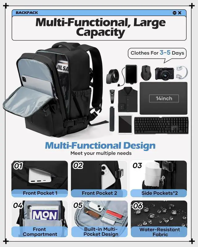 Alt view image 3 of 5 - winspansy Carry on Travel Backpack for Women Men Lightweight Business Gym Laptop Work Backpack Airport Frontier Airlines Personal Item Bag Flight Approved Mochilas de Viaje Black