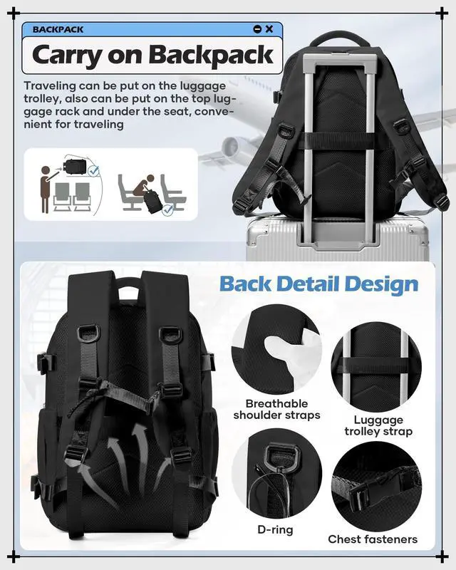 Alt view image 5 of 5 - winspansy Carry on Travel Backpack for Women Men Lightweight Business Gym Laptop Work Backpack Airport Frontier Airlines Personal Item Bag Flight Approved Mochilas de Viaje Black