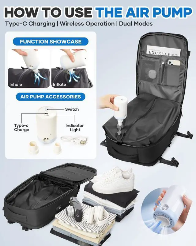 Alt view image 2 of 5 - Vacuum Seal Travel Backpack with Air Pump,Compression Vacpack Waterproof Carry On Backpack for Travel Women men with Vacuum System,Airlines Approved Daypack Laptop Space Saver Bags,Black