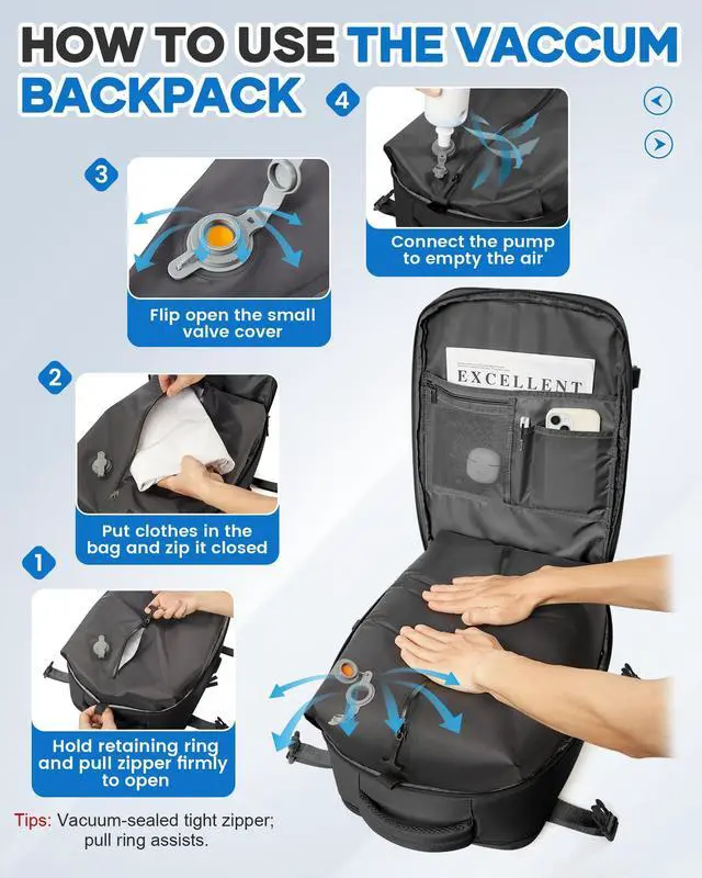 Alt view image 3 of 5 - Vacuum Seal Travel Backpack with Air Pump,Compression Vacpack Waterproof Carry On Backpack for Travel Women men with Vacuum System,Airlines Approved Daypack Laptop Space Saver Bags,Black