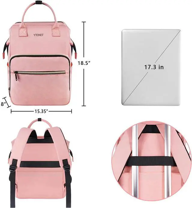 Alt view image 2 of 5 - Ytonet Pink Laptop Backpack, 17.3 Inch Carry on Backpack for Women Teacher Nurse with USB Charging Port, Large Travel Carry on RFID Anti-theft Trip Water Resistant Bags for Work/College, Pink