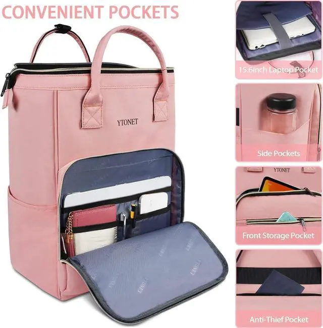 Alt view image 3 of 5 - Ytonet Pink Laptop Backpack, 17.3 Inch Carry on Backpack for Women Teacher Nurse with USB Charging Port, Large Travel Carry on RFID Anti-theft Trip Water Resistant Bags for Work/College, Pink