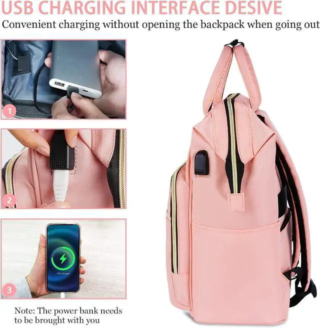 Alt view image 4 of 5 - Ytonet Pink Laptop Backpack, 17.3 Inch Carry on Backpack for Women Teacher Nurse with USB Charging Port, Large Travel Carry on RFID Anti-theft Trip Water Resistant Bags for Work/College, Pink