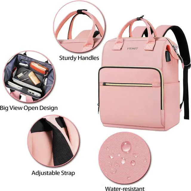 Alt view image 5 of 5 - Ytonet Pink Laptop Backpack, 17.3 Inch Carry on Backpack for Women Teacher Nurse with USB Charging Port, Large Travel Carry on RFID Anti-theft Trip Water Resistant Bags for Work/College, Pink
