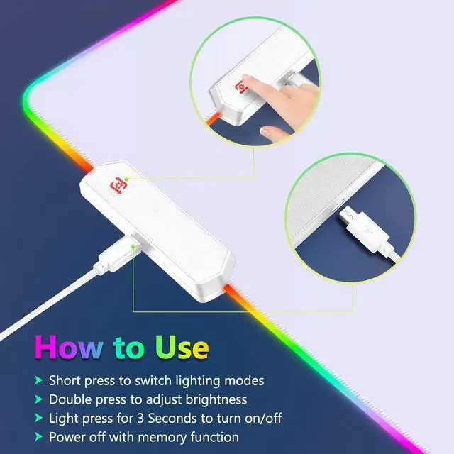 Alt view image 3 of 5 - YQE RGB Gaming Mouse Pad, 35.4"x15.7" Desk Mat for Keyboard and Mouse, LED Game Mousepad with 14 Colors Light Modes, Non-Slip Desk Pad Matt Protector+Coasters-for Home, Office, Desktop White