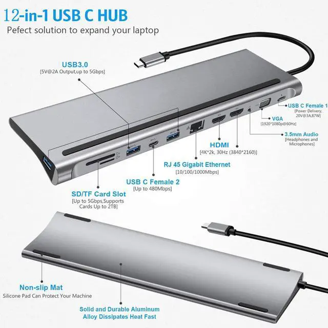 Alt view image 3 of 5 - 12 in 1 Type C Laptop Docking Station, with 2 USB3.0, 1 USB2.0, 2, 1 VGA, 1 PD, 1 3.5MM, 1 Small Memory Card, 1 Memory Card, 1 RJ45, 1 Type C Interface