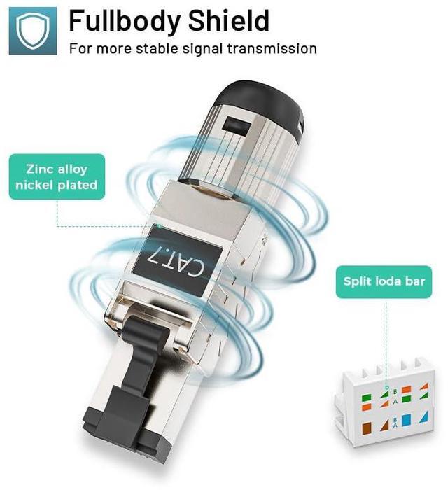 Alt view image 3 of 5 - ZOERAX 6-Pack RJ45 Connectors Tool Free Cat7 Cat6a, Tool-Free Zinc Alloy Shielded Ethernet Termination Plugs for Cat 7 Cat 6a up to 23AWG Solid Bulk S/FTP Ethernet Cable
