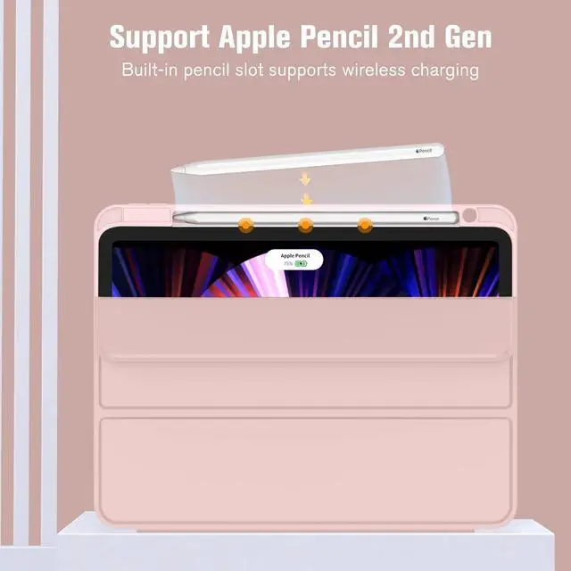 Alt view image 2 of 5 - ZryXal New iPad Pro 11 Inch Case 2022(4th Gen)/2021(3rd Gen)/2020(2nd Gen) with Pencil Holder,Smart iPad Case [Support Touch ID and Auto Wake/Sleep] with Auto 2nd Gen Pencil Charging(Rose Pink)