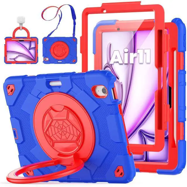 Main image of ZSLVPN Kids Case for iPad Air 11 Inch M3 2025/M2 2024 (Air 6th Generation): Shockproof Protective Case with 360deg Rotating Handle & Stand- Screen Protector- Shoulder Strap- Pencil Holder, Blue/Red