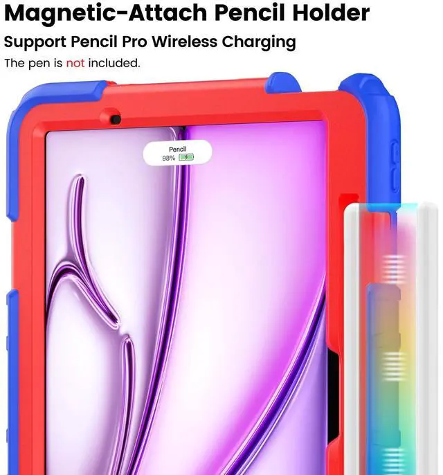 Alt view image 3 of 4 - ZSLVPN Kids Case for iPad Air 11 Inch M3 2025/M2 2024 (Air 6th Generation): Shockproof Protective Case with 360deg Rotating Handle & Stand- Screen Protector- Shoulder Strap- Pencil Holder, Blue/Red