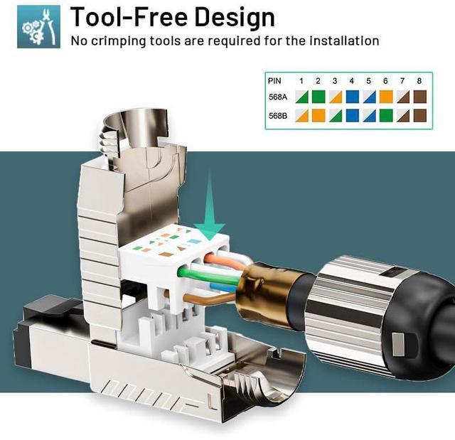 Alt view image 5 of 5 - ZOERAX 6-Pack RJ45 Connectors Tool Free Cat7 Cat6a, Tool-Free Zinc Alloy Shielded Ethernet Termination Plugs for Cat 7 Cat 6a up to 23AWG Solid Bulk S/FTP Ethernet Cable